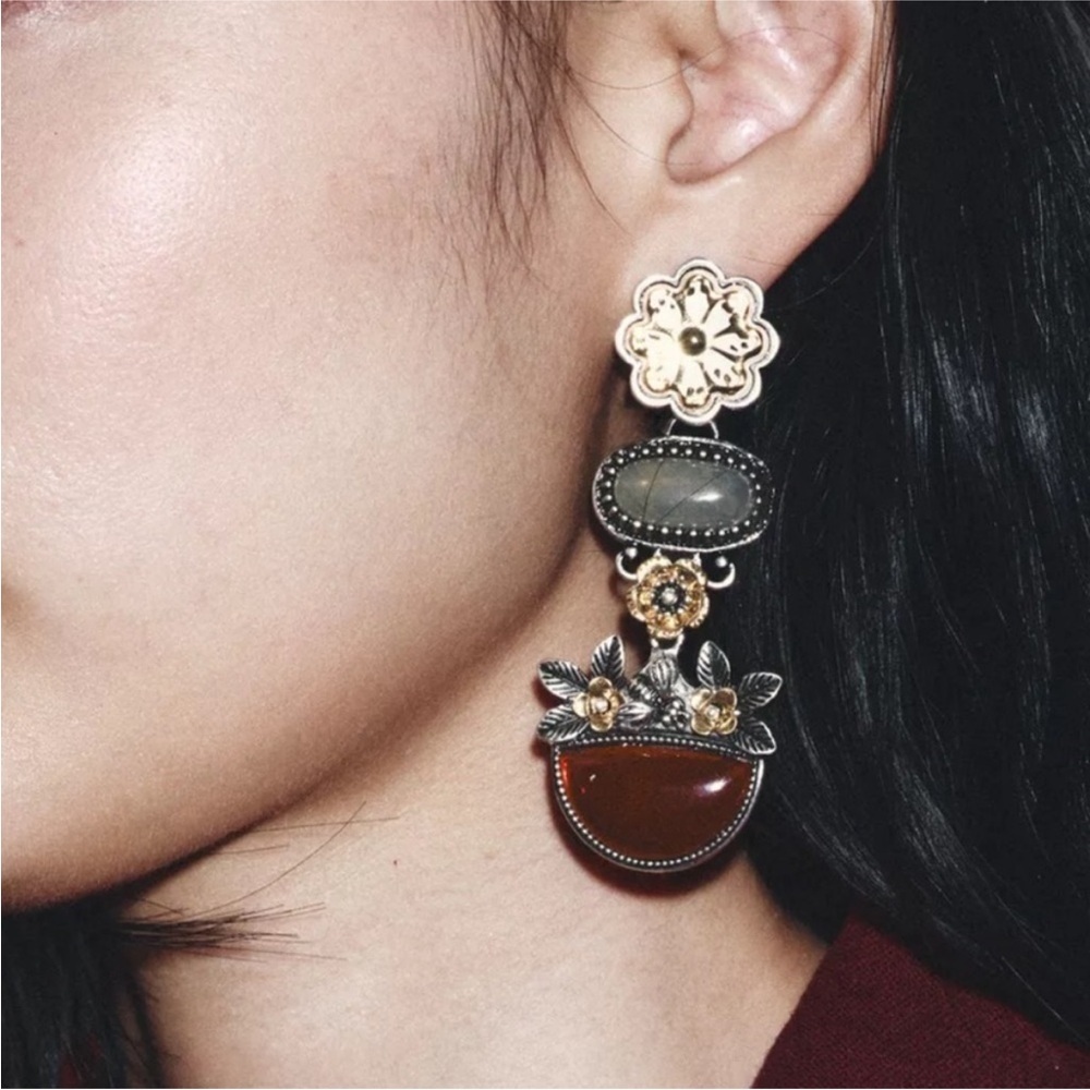 New Zara new listing Vintage Red and Silver Floral Dangle Earrings